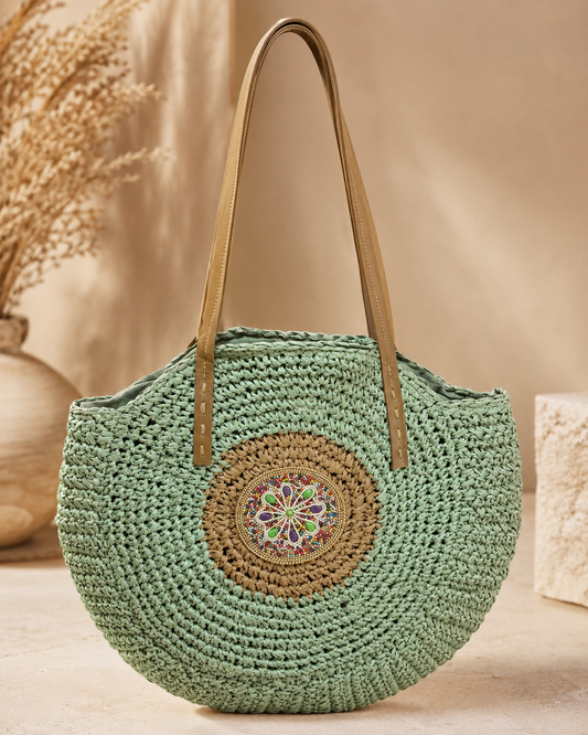 BOLSO CAPAZO TRENZADO VERDE AGUA CON DETALLE JOYA