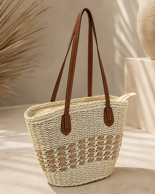 BOLSO CAPAZO TRENZADO NATURAL CON ASAS CUERO