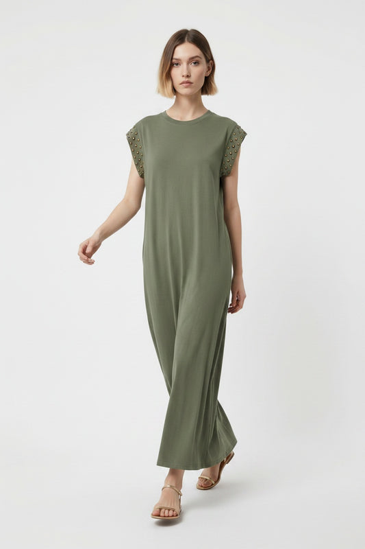 VESTIDO DE ALGODÓN TACHUELAS KHAKI