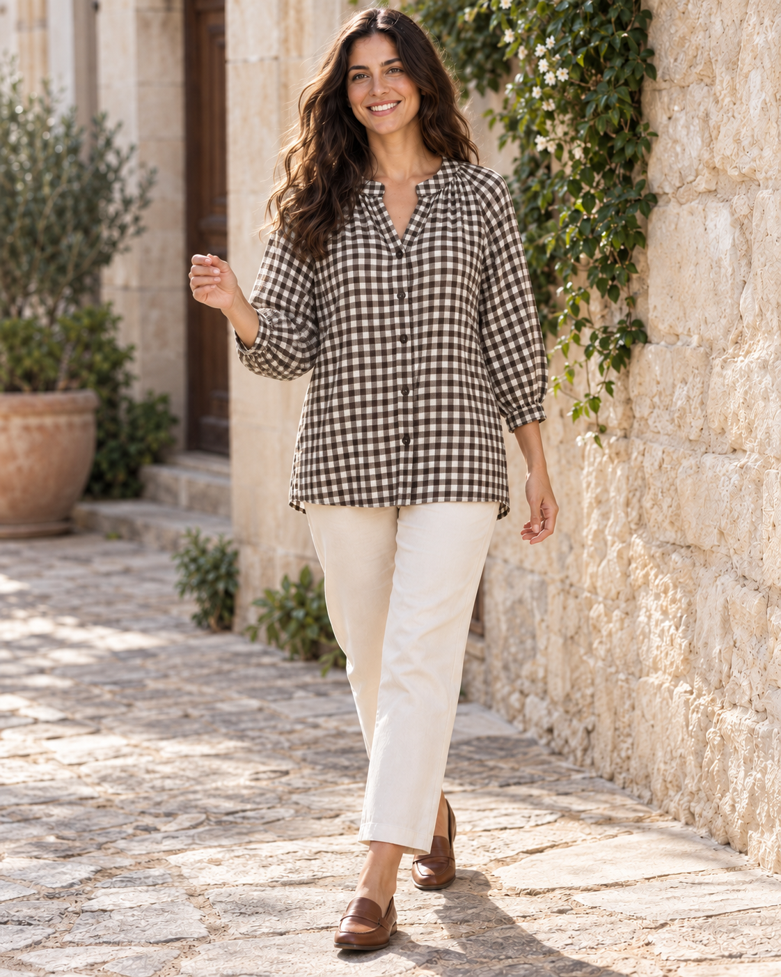 BLUSA CUADRO VICHY-MARRÓN