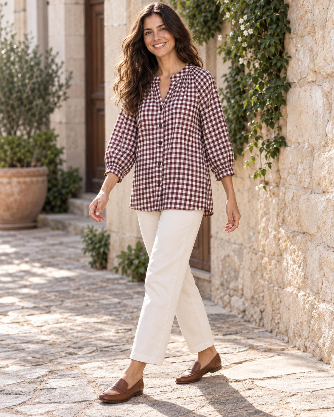 BLUSA CUADRO VICHY-GRANATE