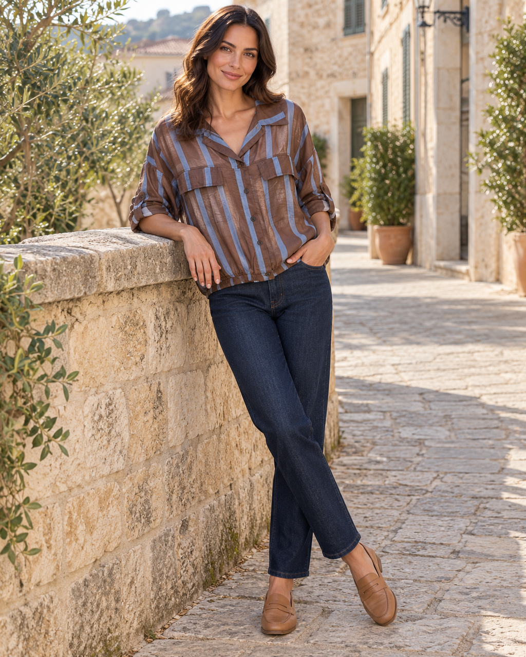 BLUSA RAYAS TRANS- MARRÓN Y AZUL