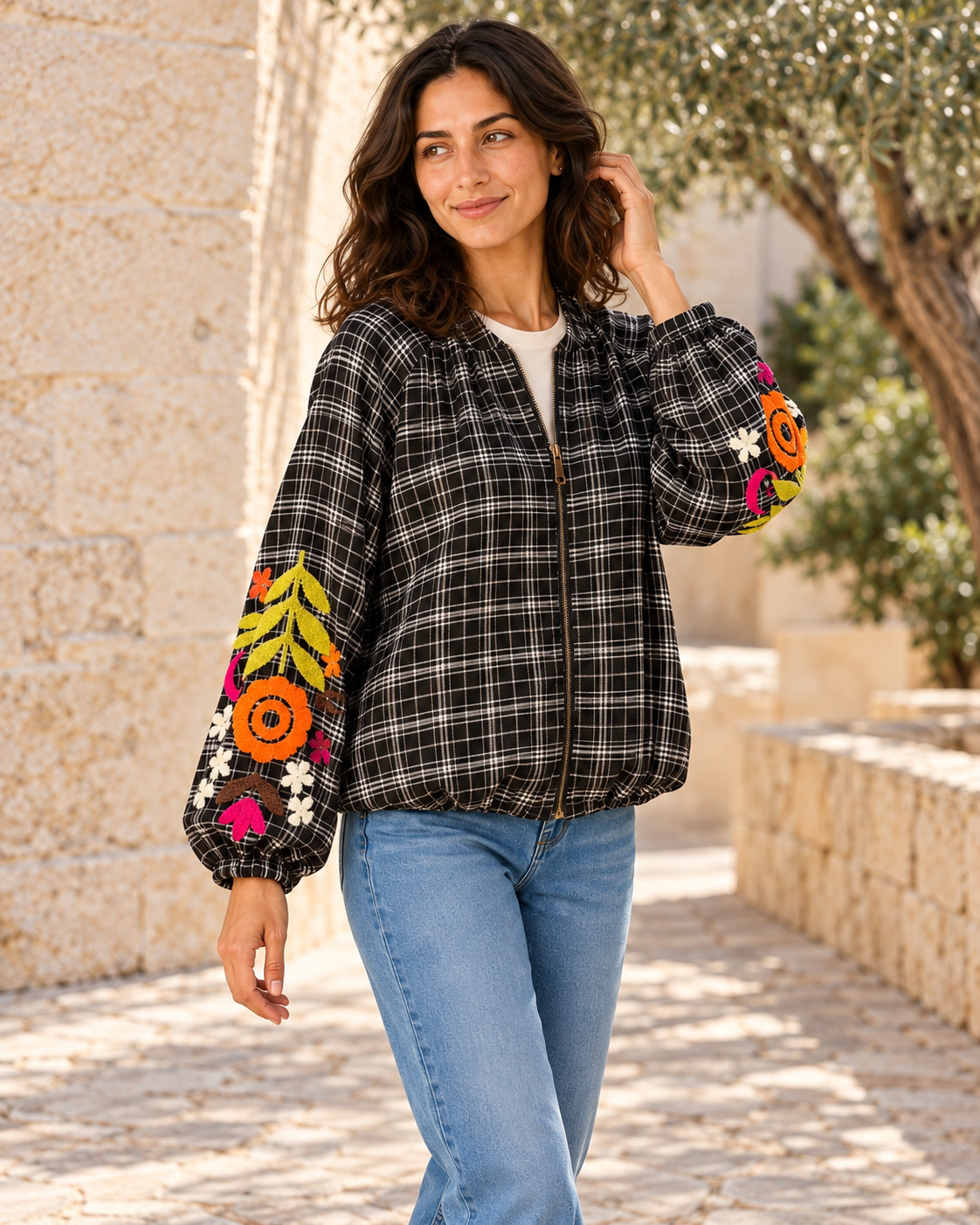 CHAQUETA FLOWERS CUADROS BG-NEGRO