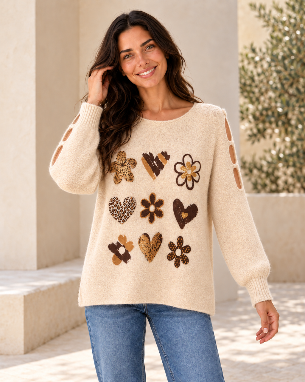 JERSEY LOVE FLOWERS-BEIGE