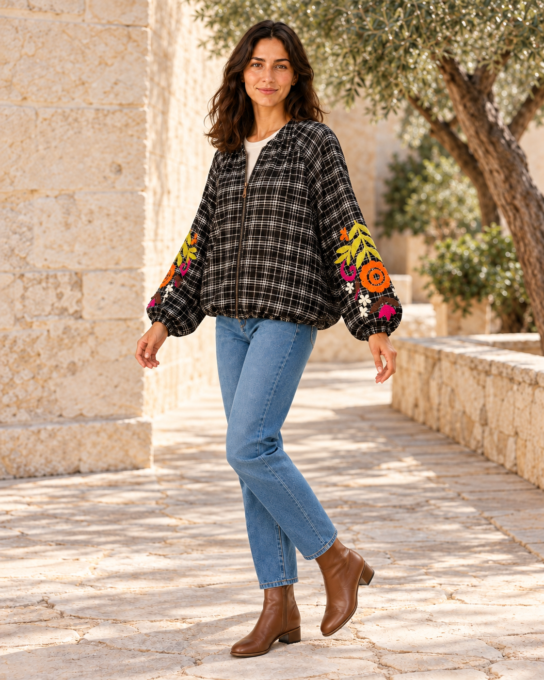 CHAQUETA FLOWERS CUADROS BG-NEGRO