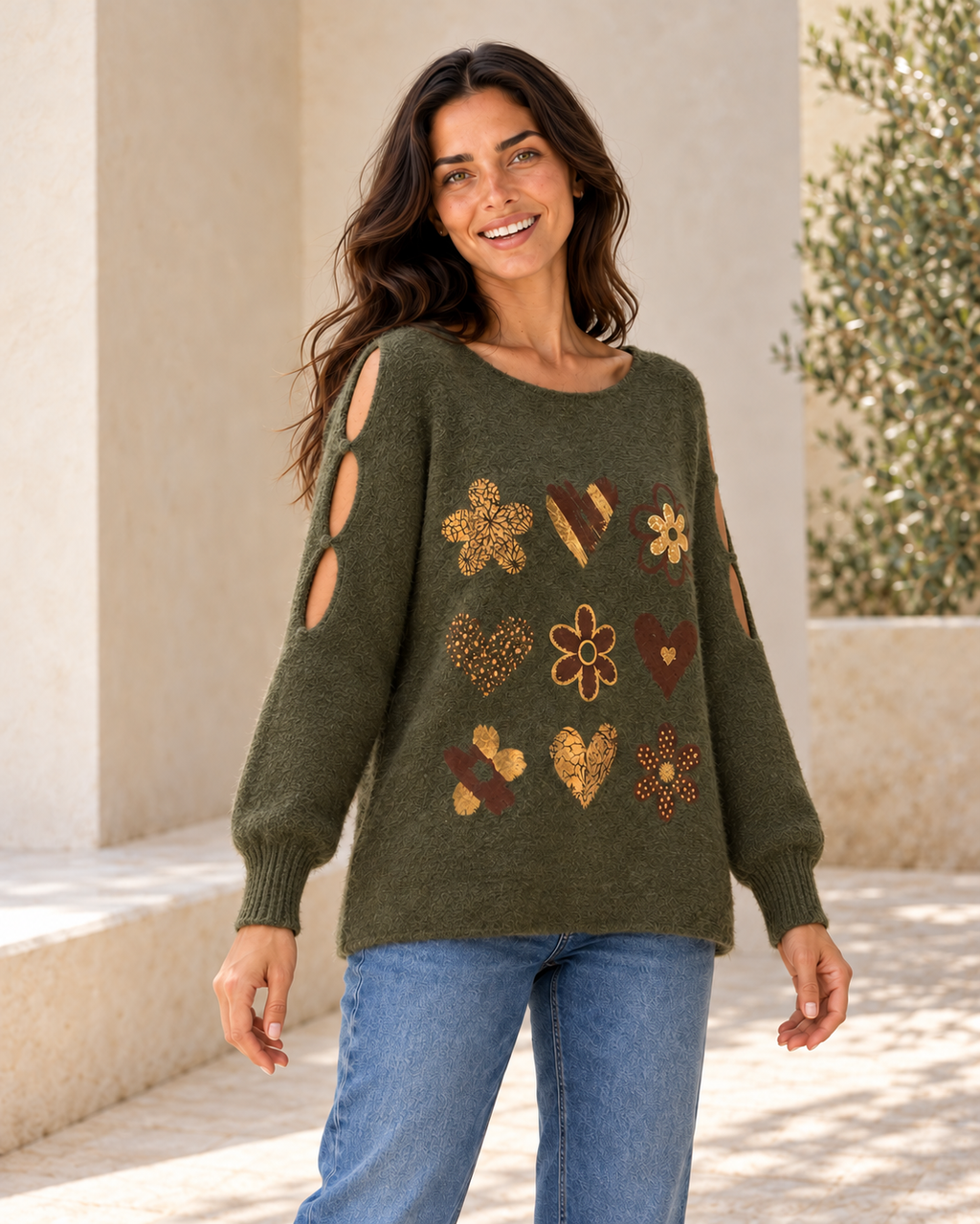 JERSEY LOVE FLOWERS-KHAKI