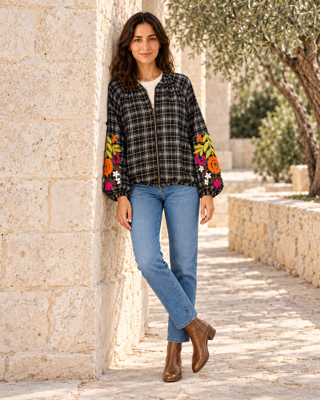 CHAQUETA FLOWERS CUADROS BG-NEGRO