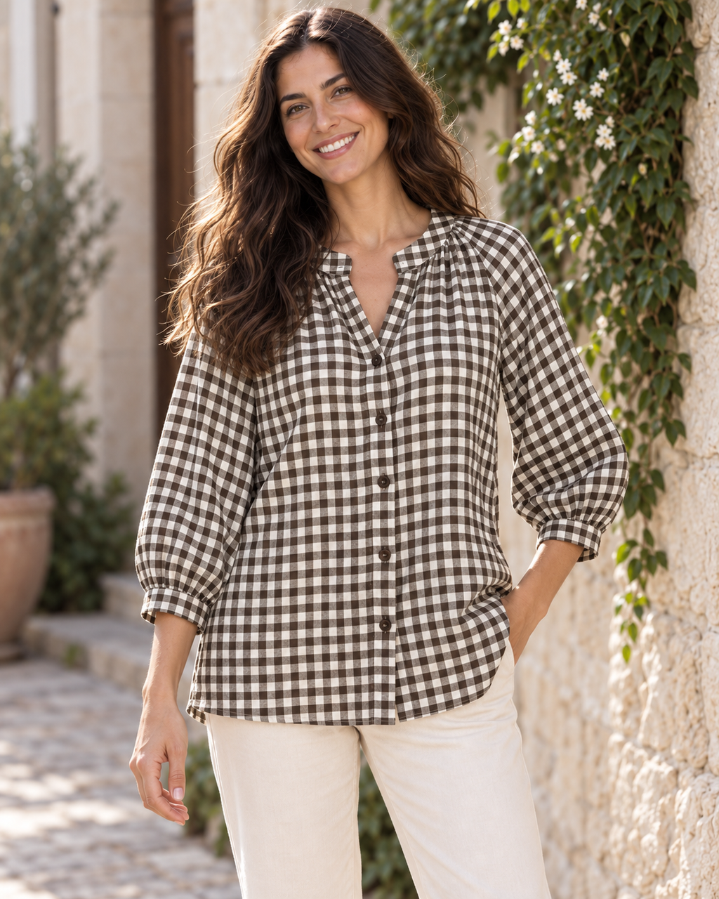 BLUSA CUADRO VICHY-MARRÓN