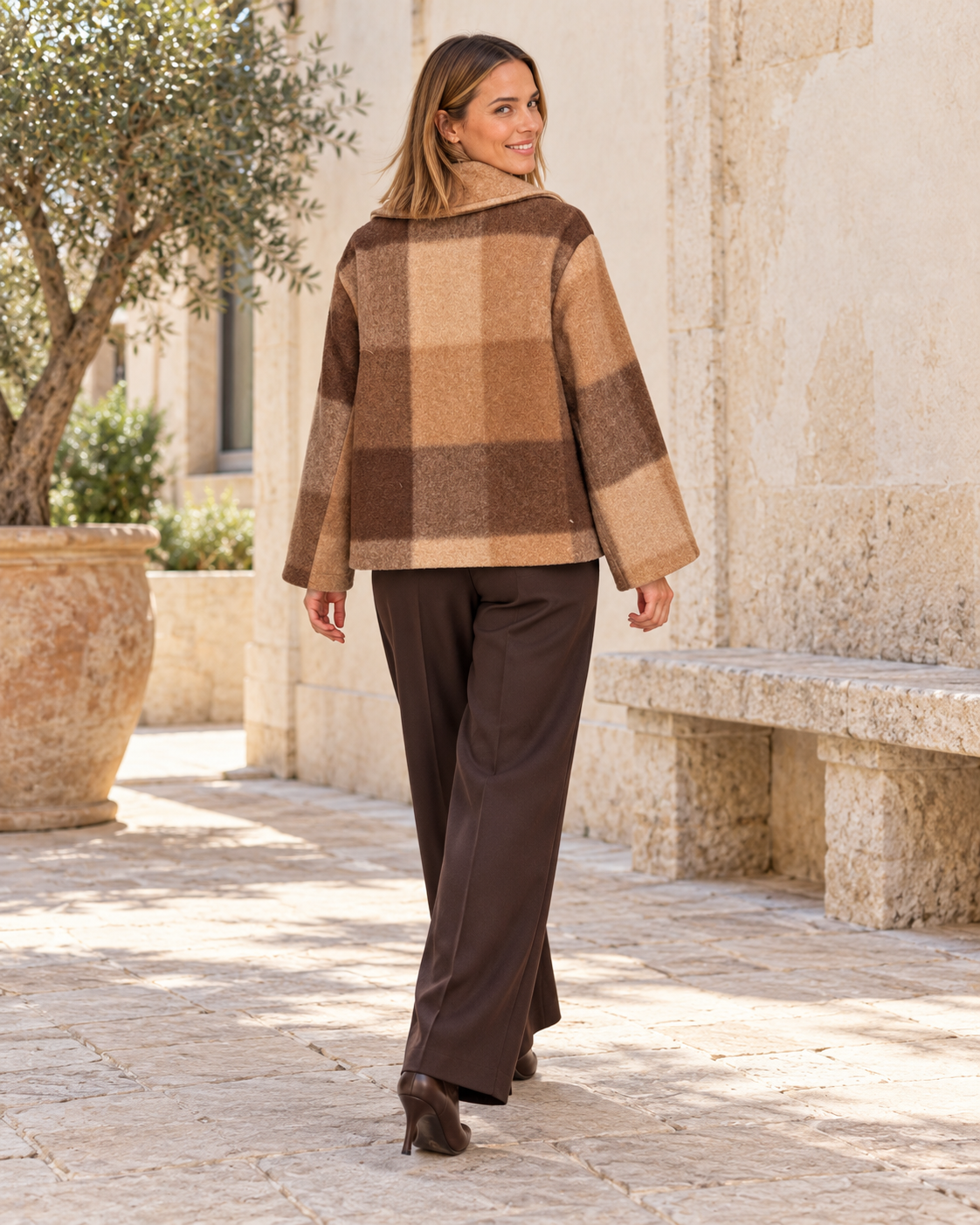 ABRIGO CUADROS- MARRÓN/BEIGE