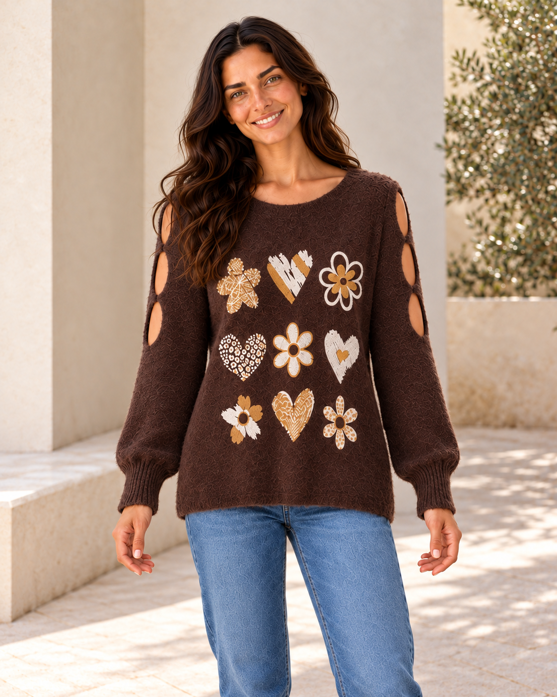 JERSEY LOVE FLOWERS-MARRÓN