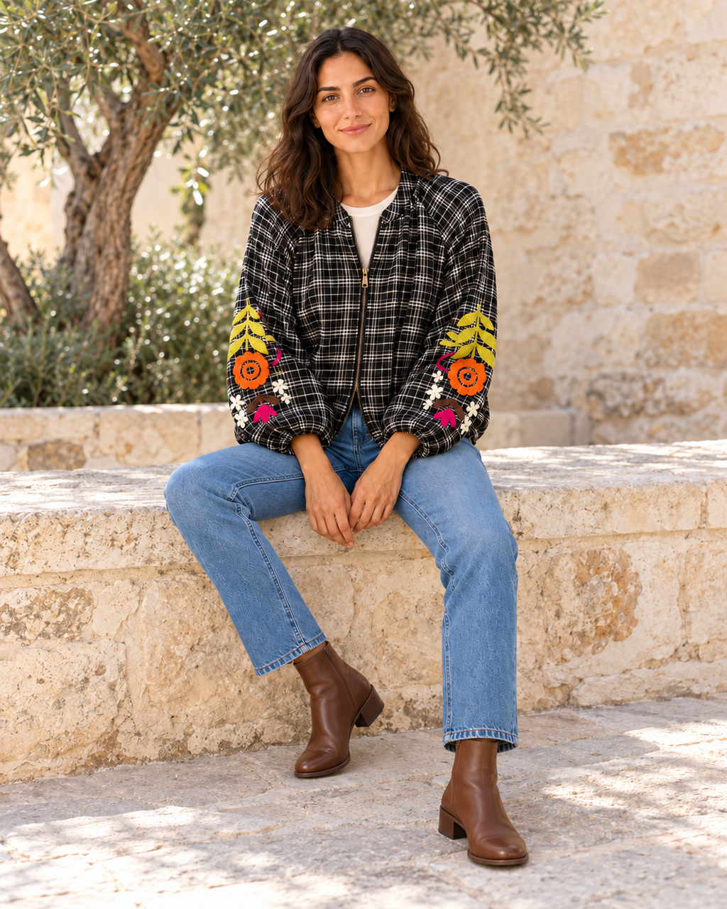 CHAQUETA FLOWERS CUADROS BG-NEGRO