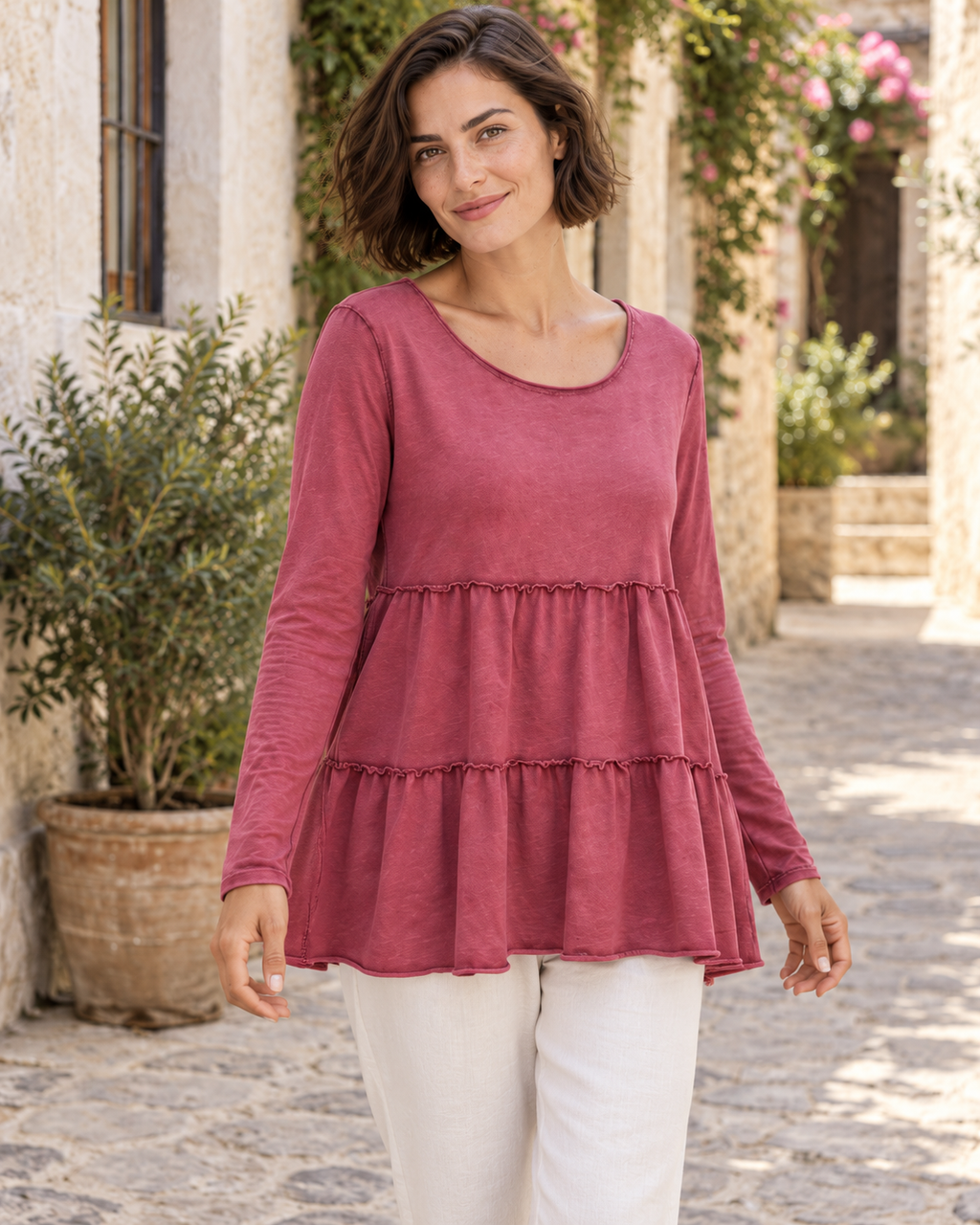 CAMISETA ALGODÓN FRANJAS- ROSADO