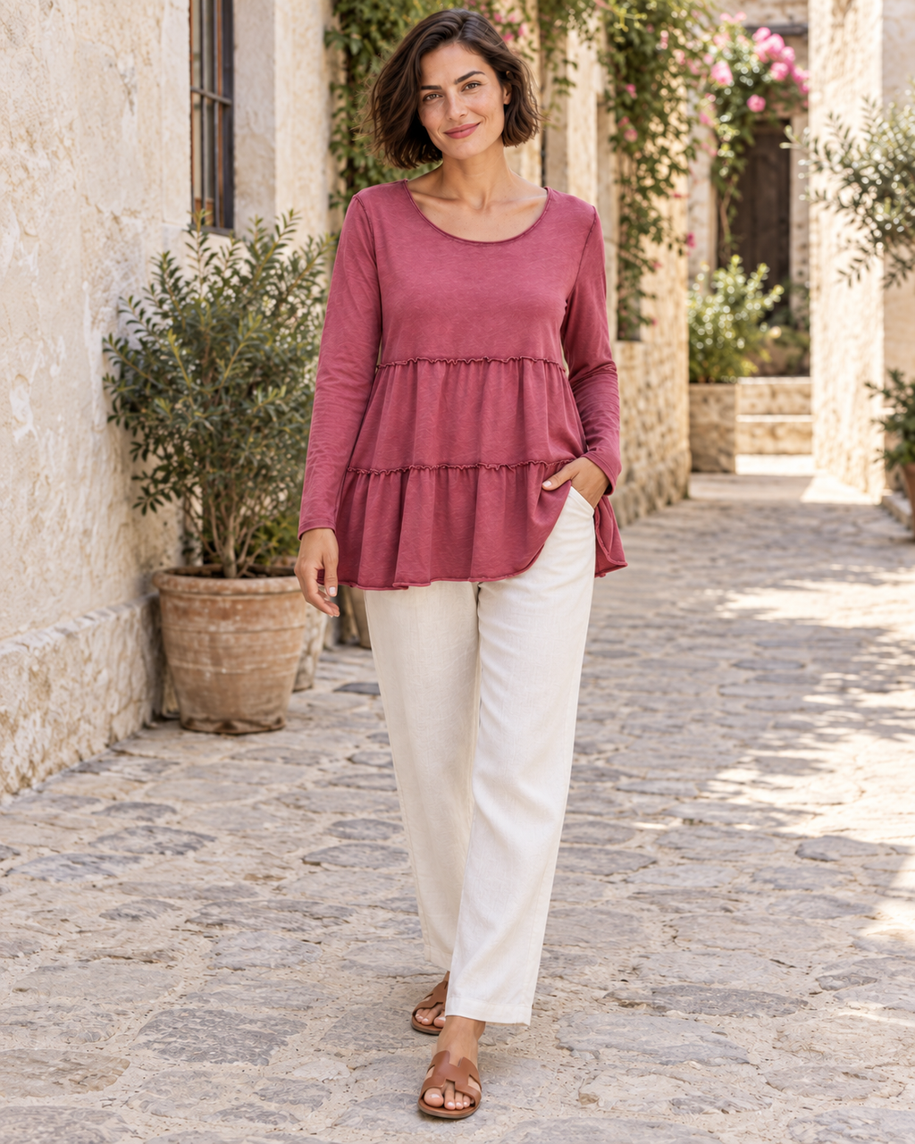 CAMISETA ALGODÓN FRANJAS- ROSADO