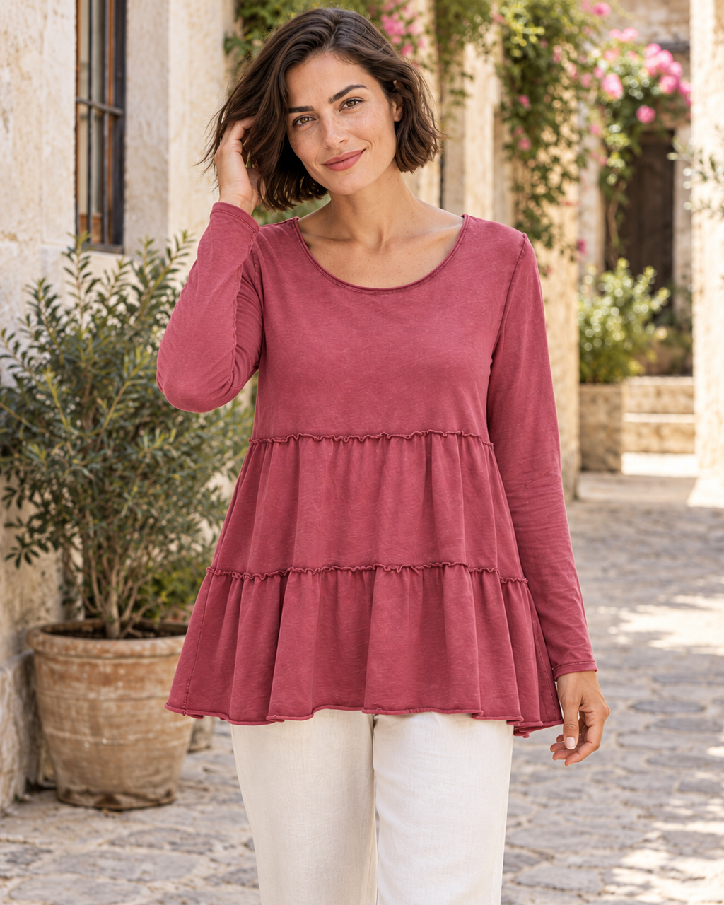 CAMISETA ALGODÓN FRANJAS- ROSADO