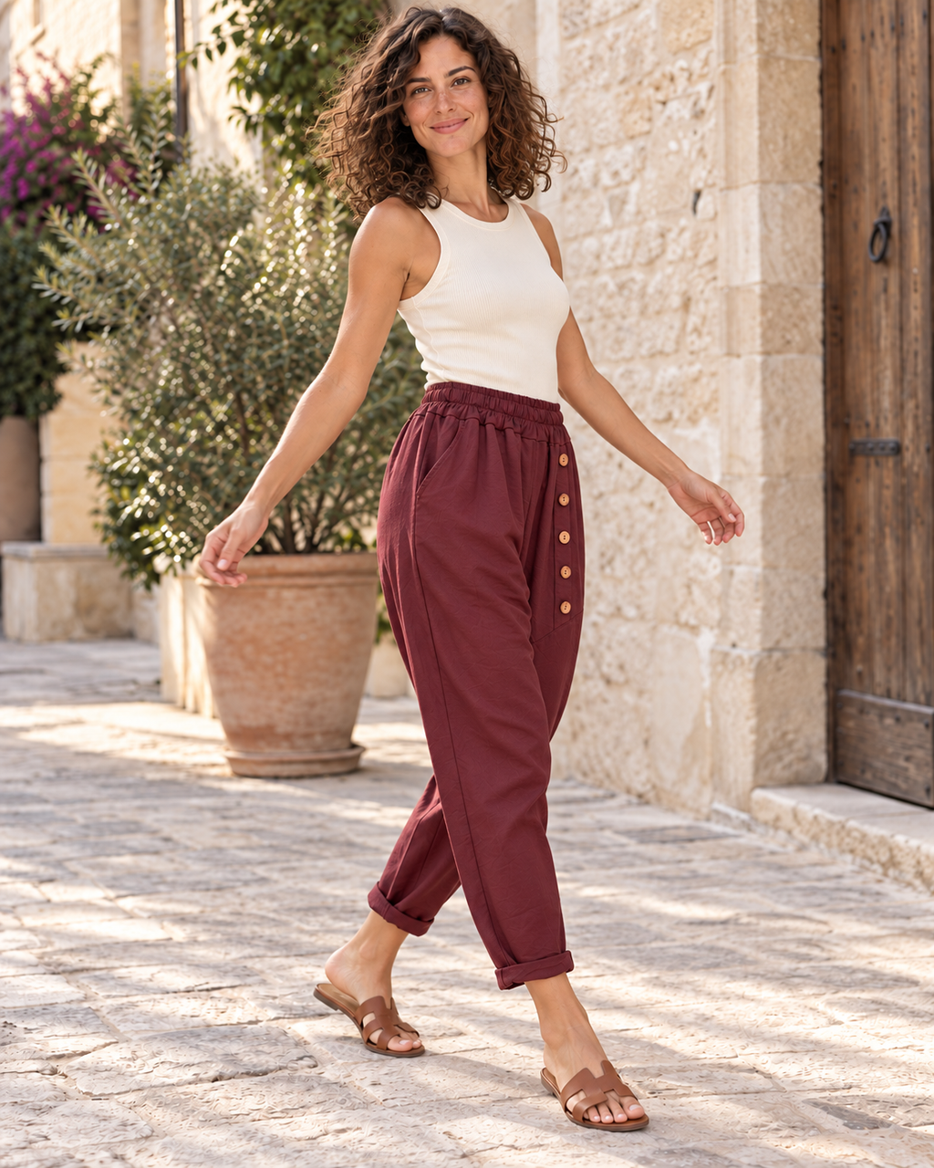 PANTALÓN ALGODÓN BOTONES-VINO