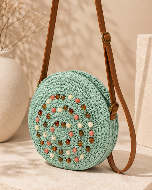 BOLSO REDONDO DE RAFIA VERDE AGUA CON DETALLES DE CUENTAS