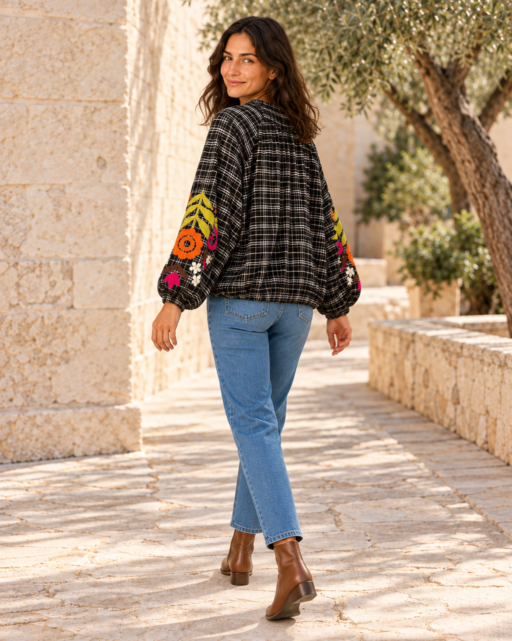 CHAQUETA FLOWERS CUADROS BG-NEGRO