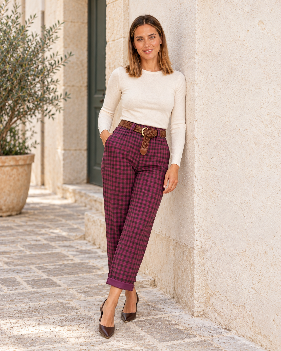 PANTALÓN CUADROS CINTURÓN-BUGANVILLA