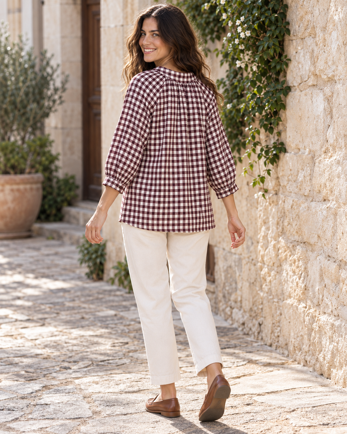 BLUSA CUADRO VICHY-GRANATE