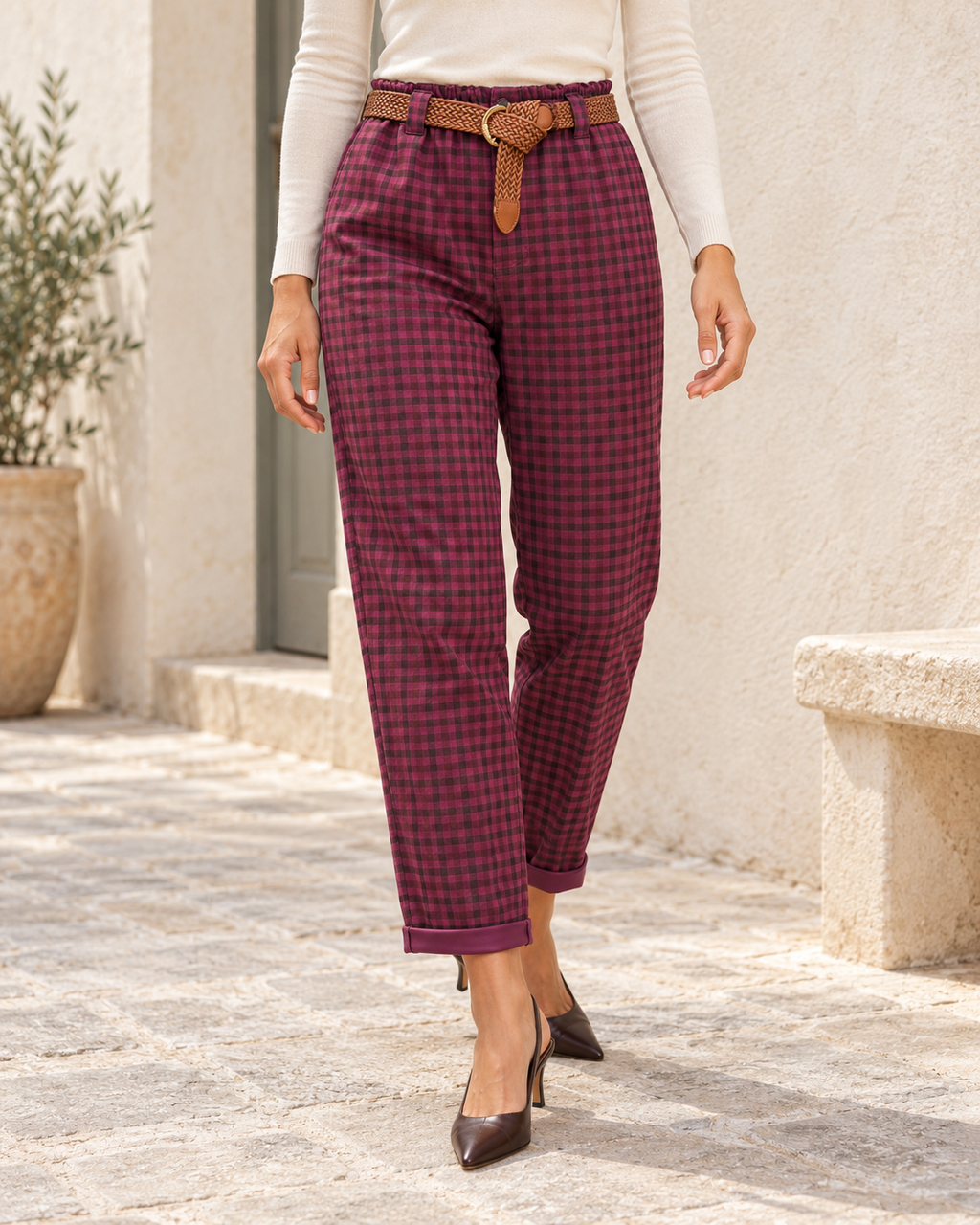 PANTALÓN CUADROS CINTURÓN-BUGANVILLA