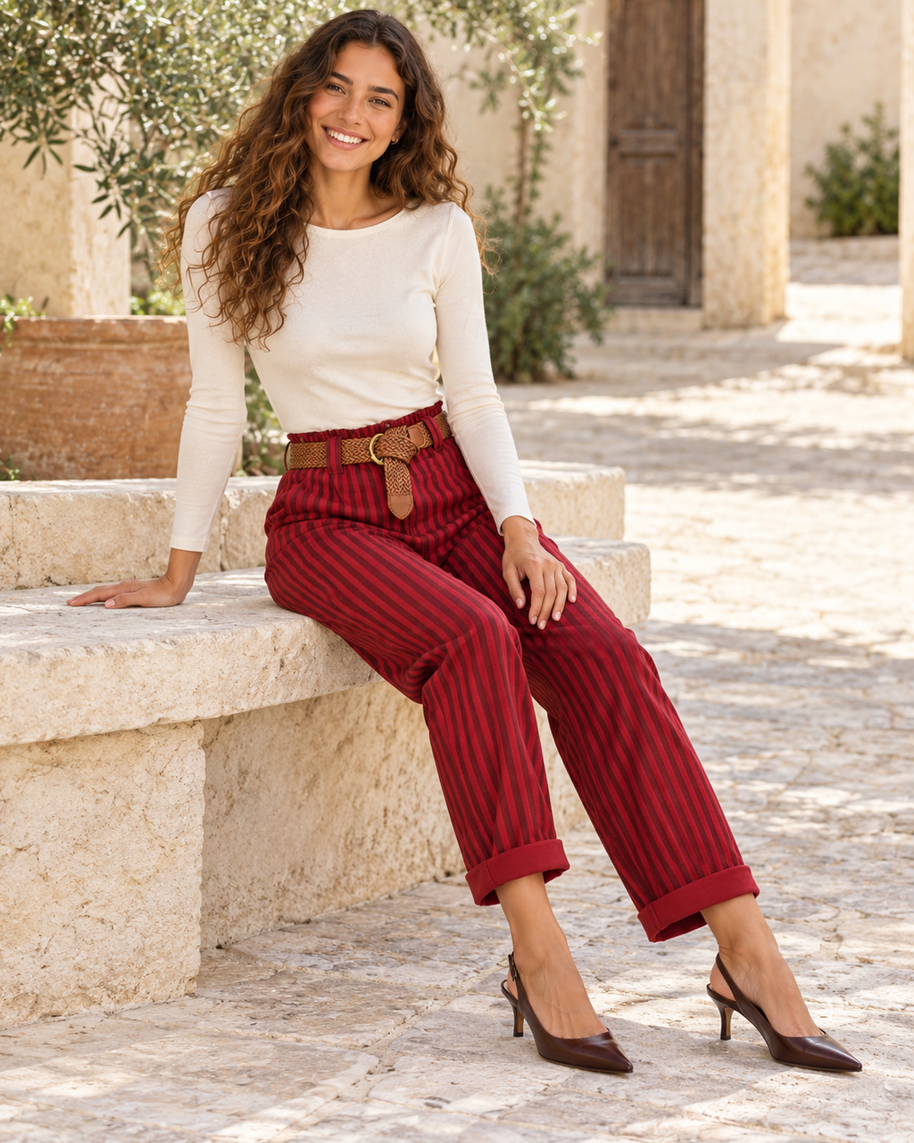 PANTALÓN RAYAS CINTURÓN- GRANATE
