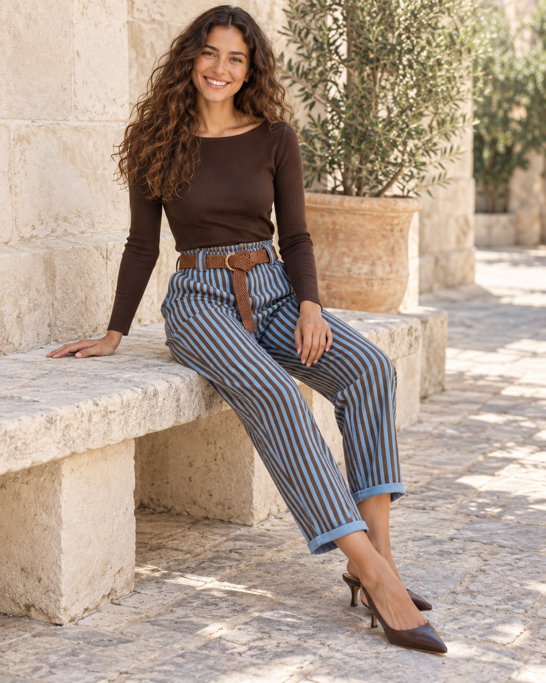 PANTALÓN RAYAS CINTURÓN- AZUL