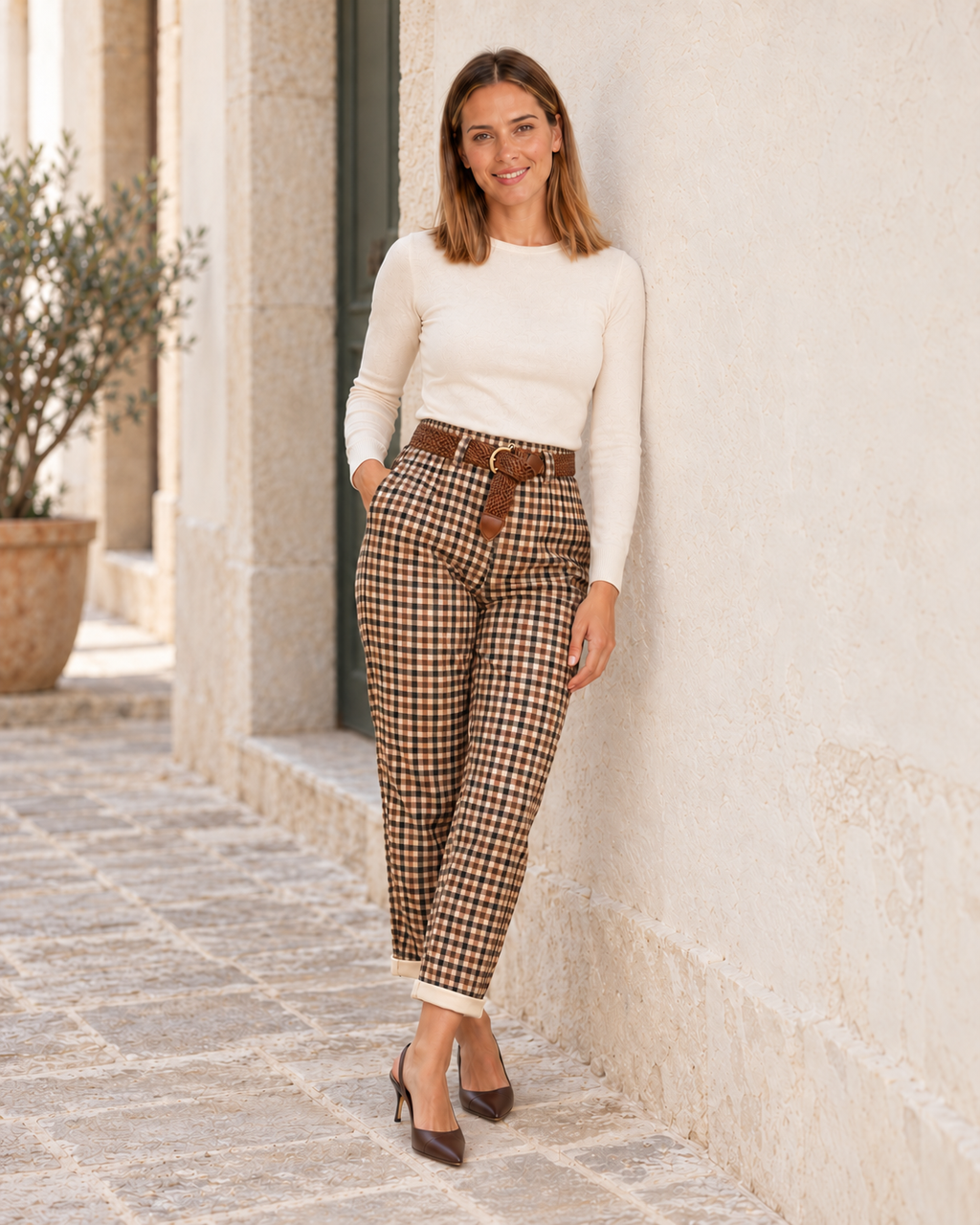 PANTALÓN CUADROS CINTURÓN-TOSTADO